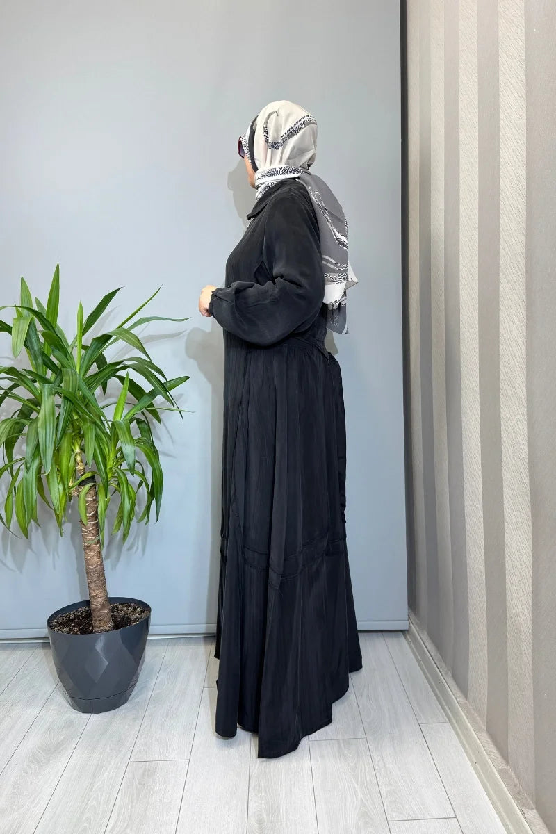 Misswhence Çizgi Detaylı Kapüşonlu Cupro İpek Pardesü 39510 - Siyah - Görsel 2 #renk_siyah