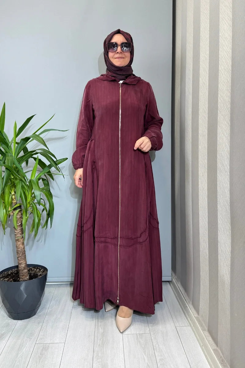 Misswhence Çizgi Detaylı Kapüşonlu Cupro İpek Pardesü 39510 - Bordo - Görsel 1 