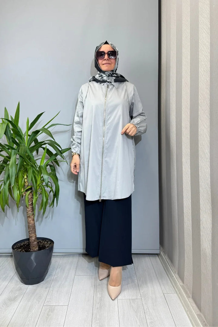 Misswhence Fermuar Detaylı Koton Gömlek 39302 - Gri - Görsel 1 