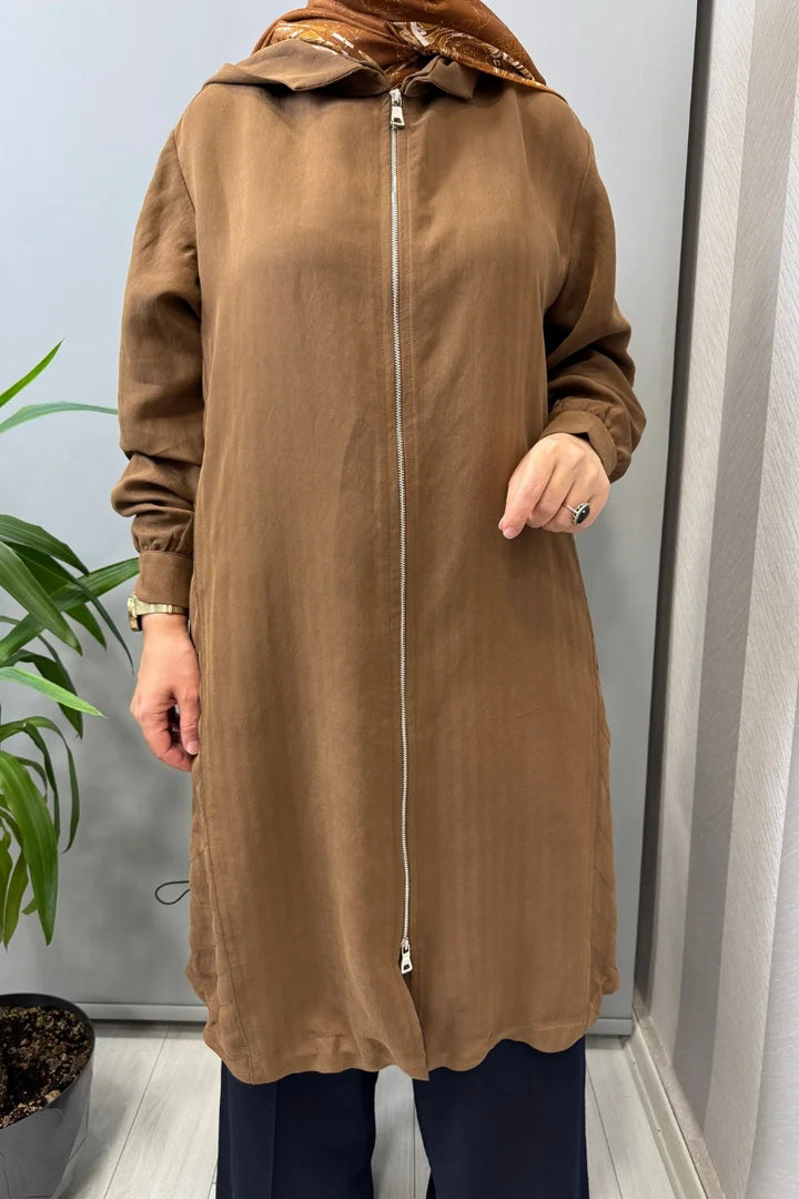 Misswhence Dikiş Detaylı Fermuarlı Kapüşonlu Kap 39406 - Kahve - Görsel 4 