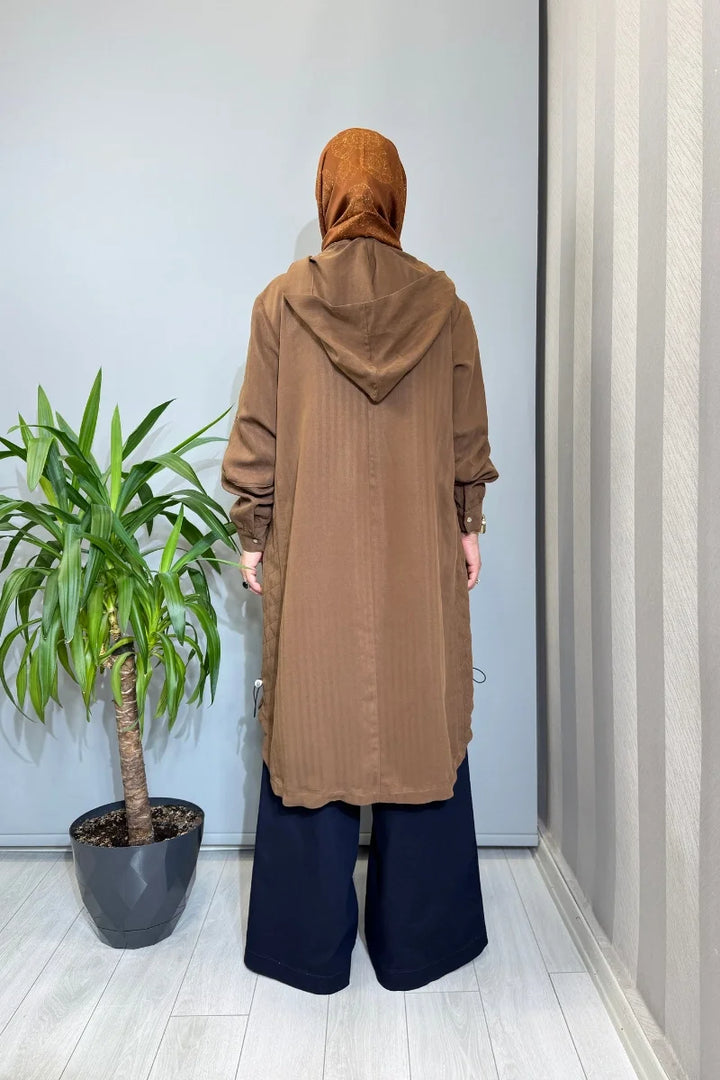Misswhence Dikiş Detaylı Fermuarlı Kapüşonlu Kap 39406 - Kahve - Görsel 3 
