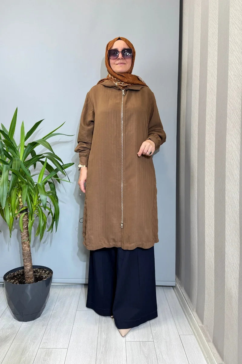 Misswhence Dikiş Detaylı Fermuarlı Kapüşonlu Kap 39406 - Kahve - Görsel 1 #renk_kahve