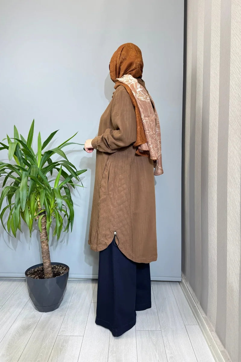 Misswhence Dikiş Detaylı Fermuarlı Kapüşonlu Kap 39406 - Kahve - Görsel 2 #renk_kahve