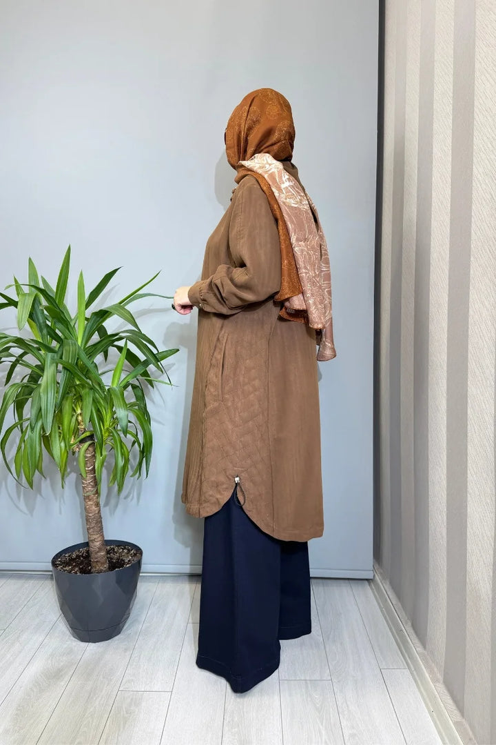 Misswhence Dikiş Detaylı Fermuarlı Kapüşonlu Kap 39406 - Kahve - Görsel 2 