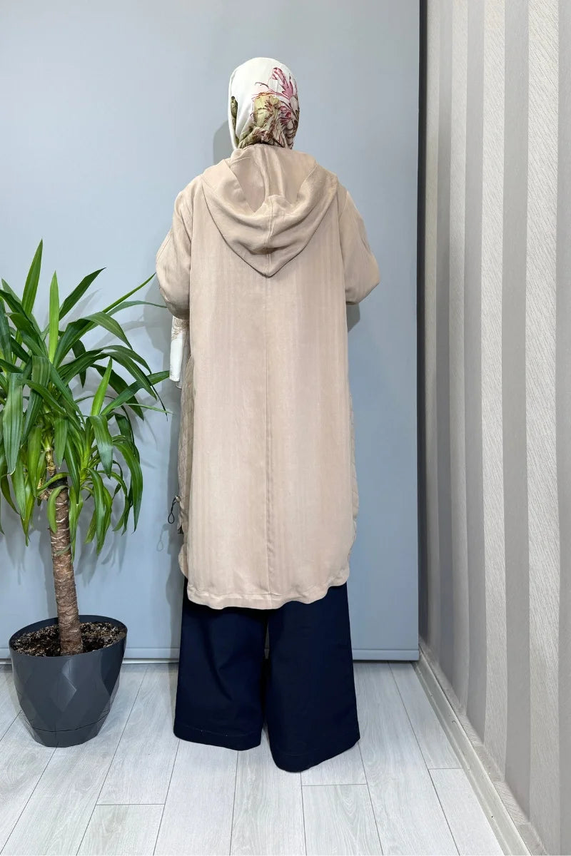 Misswhence Dikiş Detaylı Fermuarlı Kapüşonlu Kap 39406 - Vizon - Görsel 2 