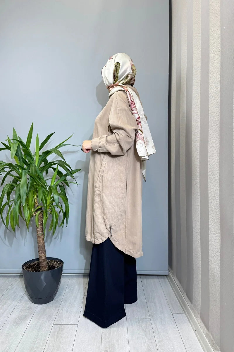 Misswhence Dikiş Detaylı Fermuarlı Kapüşonlu Kap 39406 - Vizon - Görsel 3 
