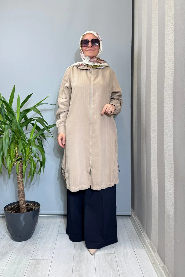 Misswhence Dikiş Detaylı Fermuarlı Kapüşonlu Kap 39406 - Vizon - Görsel 1 
