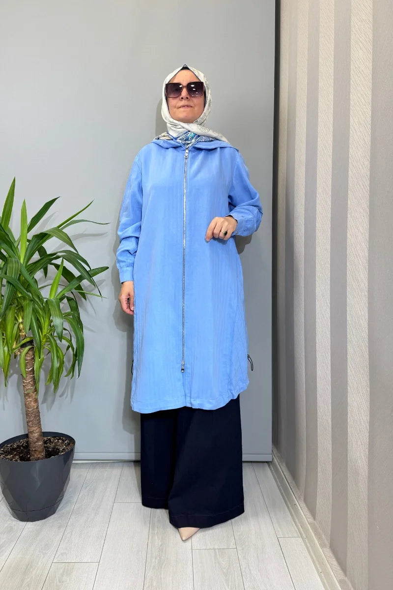 Misswhence Dikiş Detaylı Fermuarlı Kapüşonlu Kap 39406 - Mavi - Görsel 1 