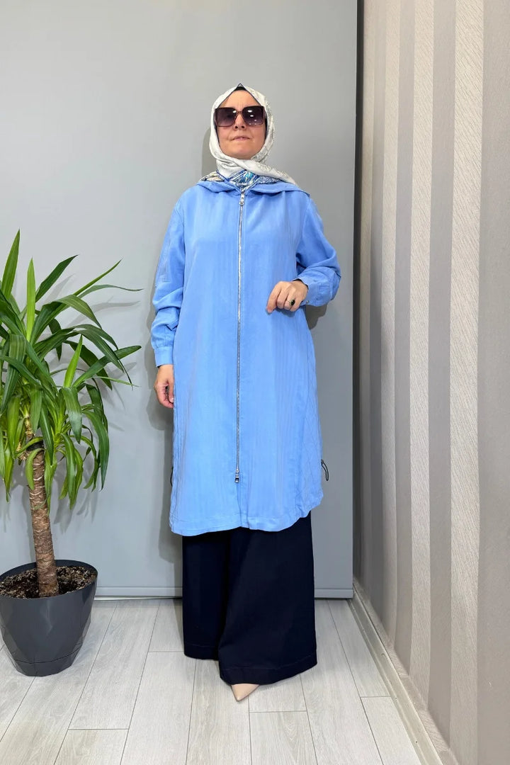 Misswhence Dikiş Detaylı Fermuarlı Kapüşonlu Kap 39406 - Mavi - Görsel 1 