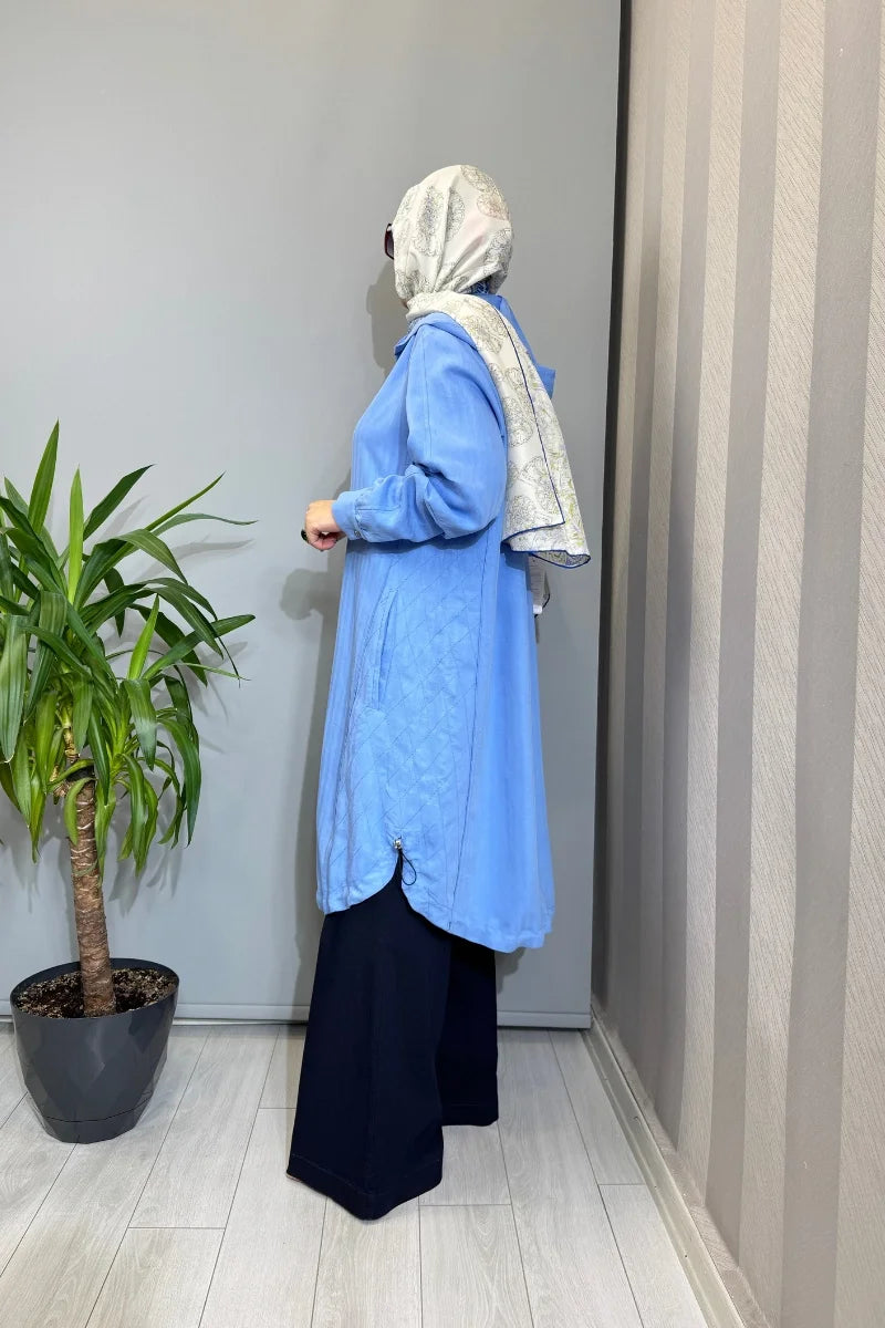 Misswhence Dikiş Detaylı Fermuarlı Kapüşonlu Kap 39406 - Mavi - Görsel 4 
