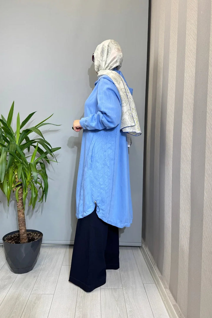 Misswhence Dikiş Detaylı Fermuarlı Kapüşonlu Kap 39406 - Mavi - Görsel 4 