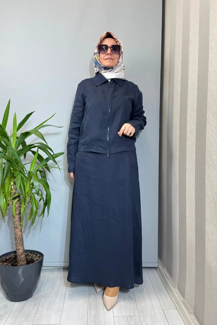 Miss Dalida Önü Fermuarlı Kısa Keten Ceket 2268252 - Lacivert - Görsel 1 
