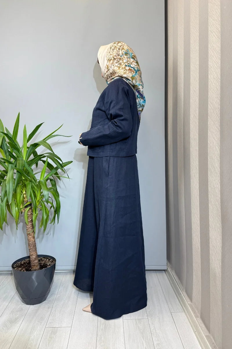 Miss Dalida Gömlek Yaka Cepli Keten Ceket 2268256 - Lacivert - Görsel 2 #renk_lacivert