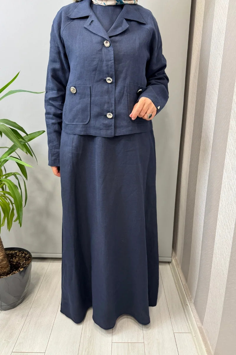 Miss Dalida Gömlek Yaka Cepli Keten Ceket 2268256 - Lacivert - Görsel 3 