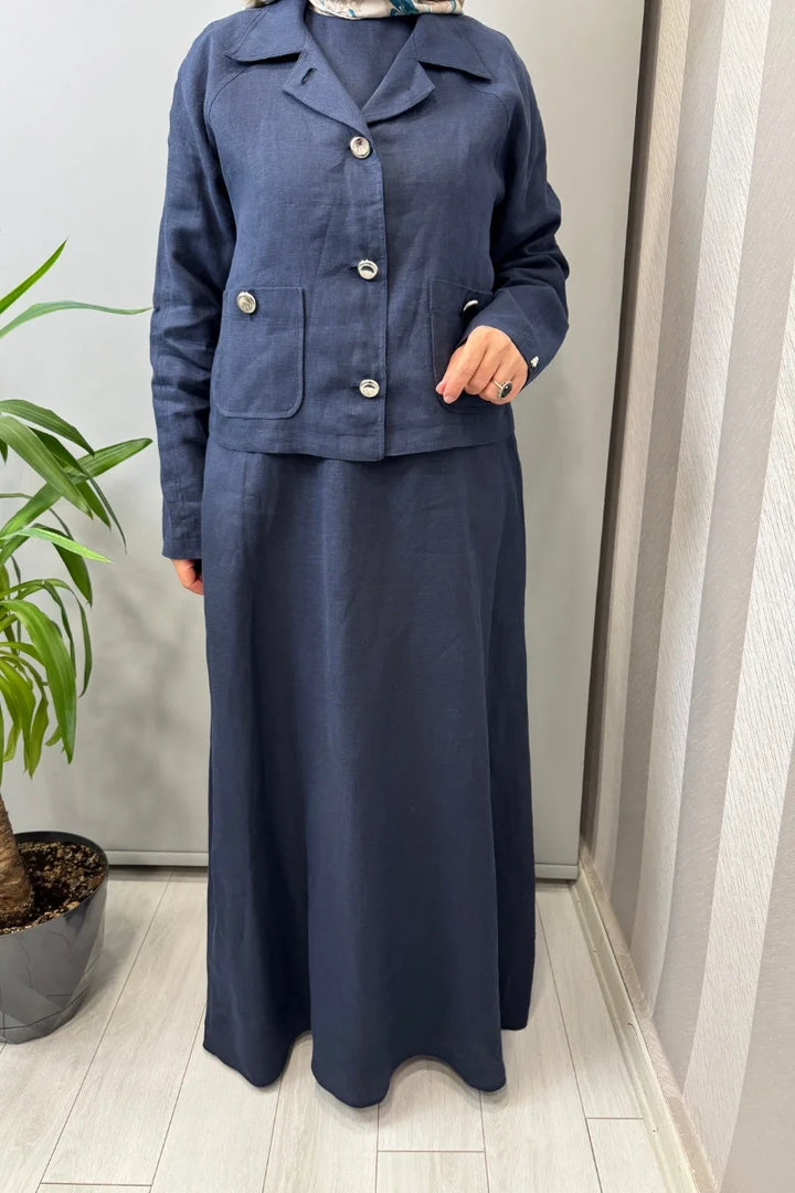Miss Dalida Gömlek Yaka Cepli Keten Ceket 2268256 - Lacivert - Görsel 3 
