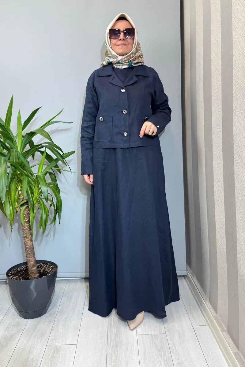 Miss Dalida Gömlek Yaka Cepli Keten Ceket 2268256 - Lacivert - Görsel 1 #renk_lacivert