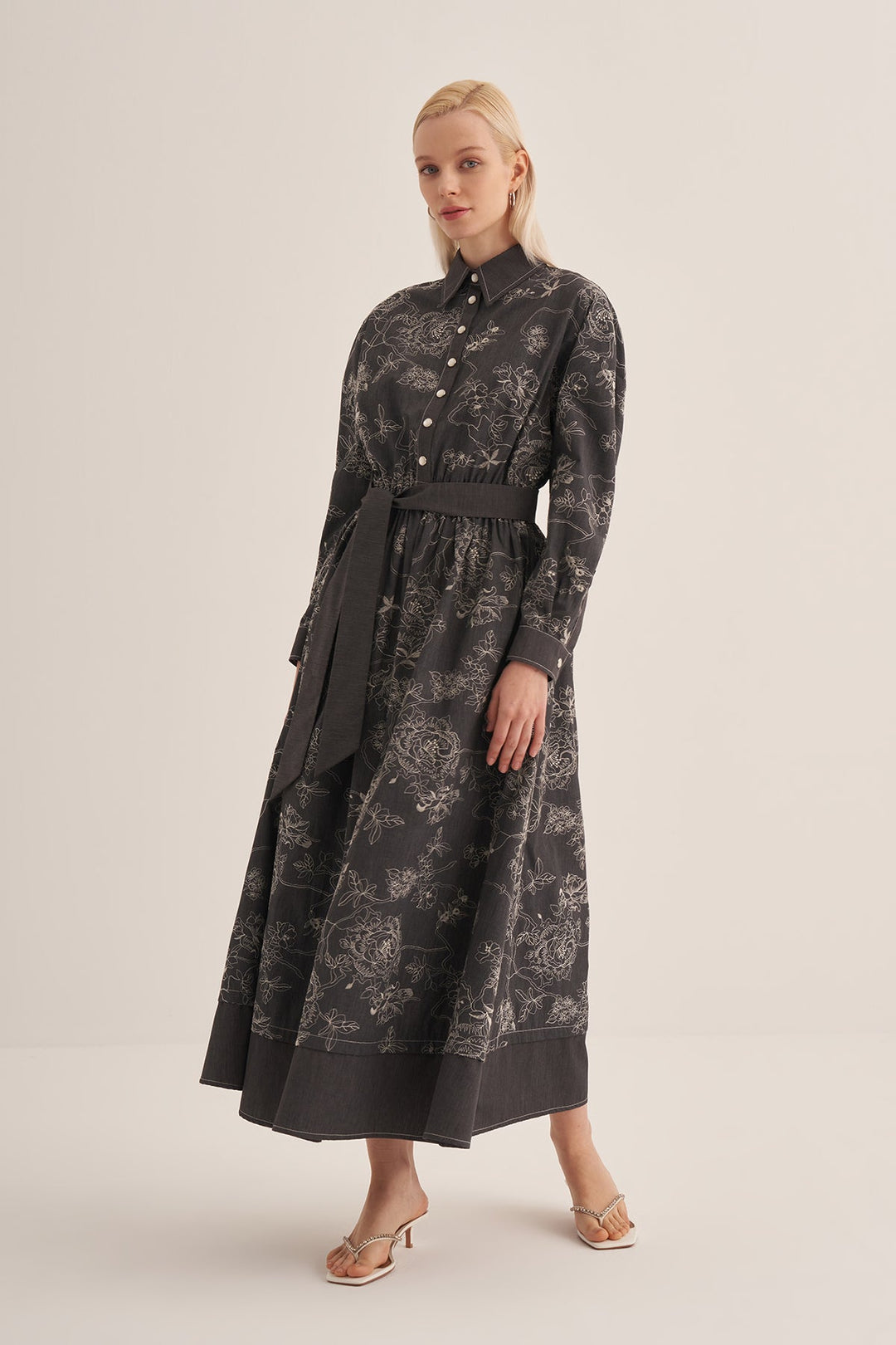 Clande Floral Denim Elbise 2501-5027 - Siyah - Görsel 2