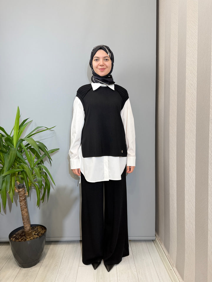 MissDalida Saç Örgü Detaylı Kısa Kollu Tunik Bol Paça Triko Pantolon - 3266005(3267005)