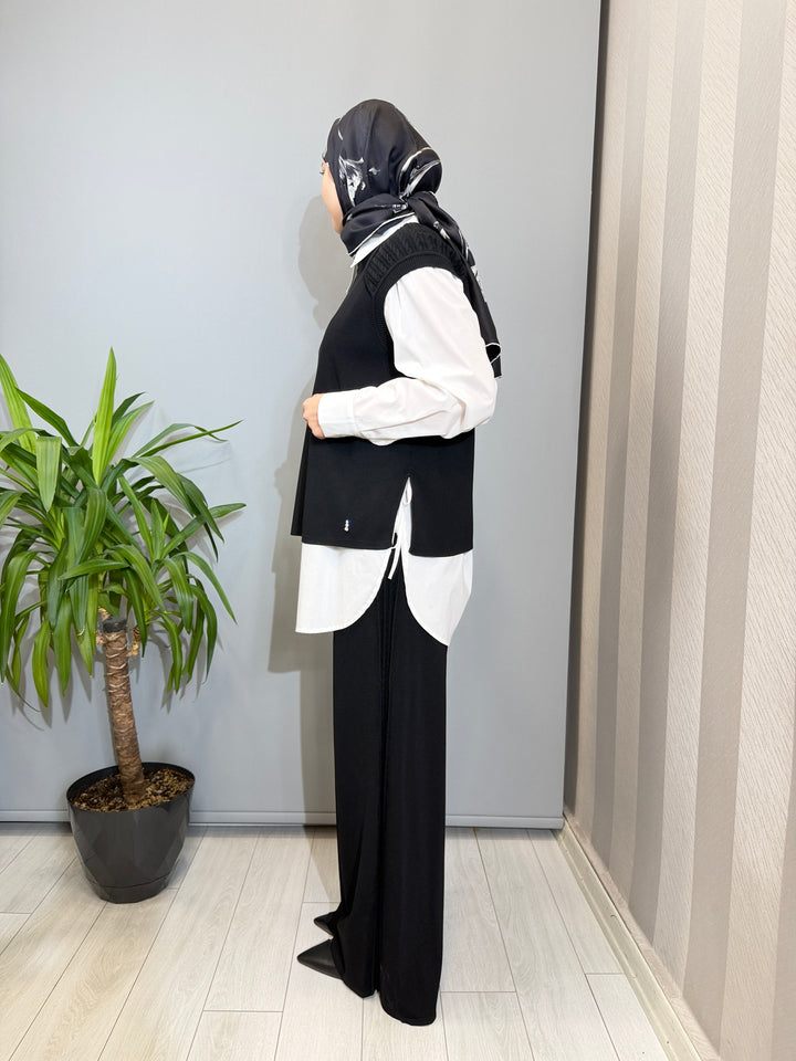 MissDalida Saç Örgü Detaylı Kısa Kollu Tunik Bol Paça Triko Pantolon - 3266005(3267005)