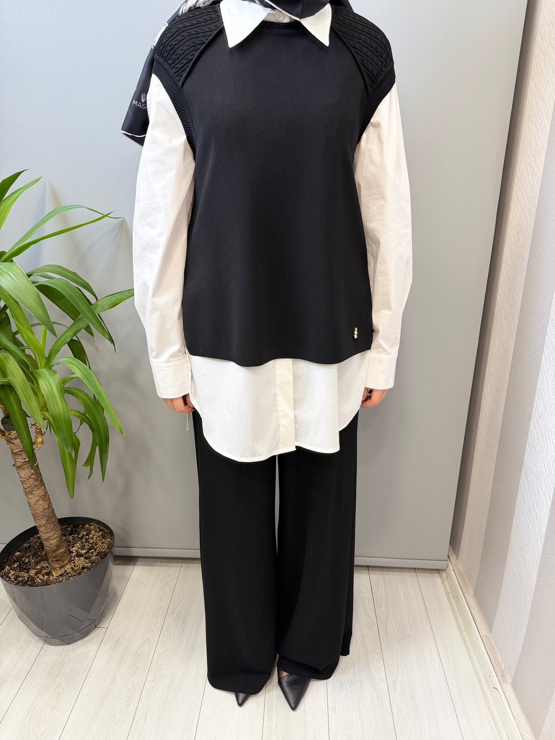 MissDalida Saç Örgü Detaylı Kısa Kollu Tunik Bol Paça Triko Pantolon - 3266005(3267005)