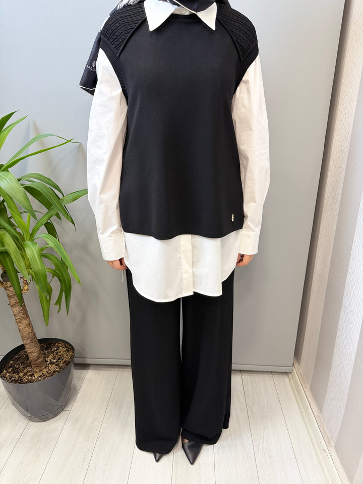 MissDalida Saç Örgü Detaylı Kısa Kollu Tunik Bol Paça Triko Pantolon - 3266005(3267005)