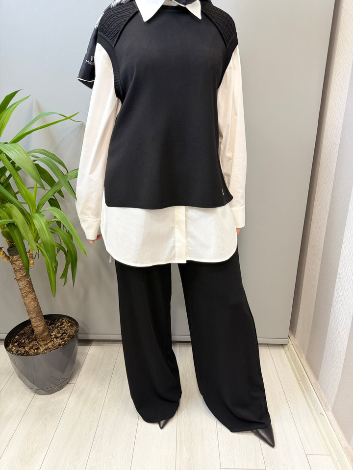 MissDalida Saç Örgü Detaylı Kısa Kollu Tunik Bol Paça Triko Pantolon - 3266005(3267005)
