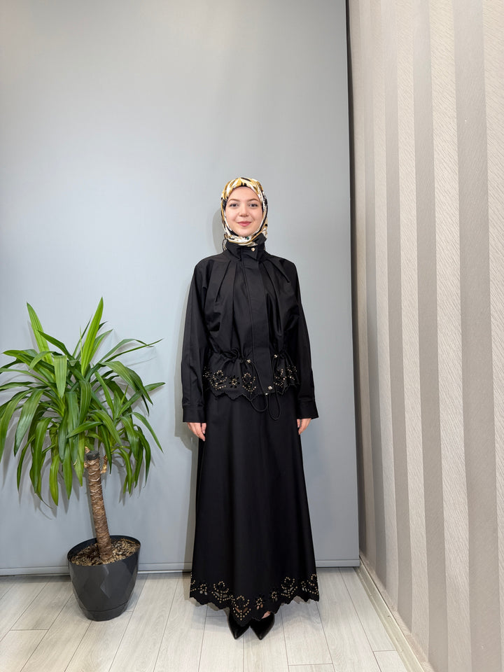 Clande Siyah Çiçek Detaylı Ceket Etek Takım 2602-4022(2028)