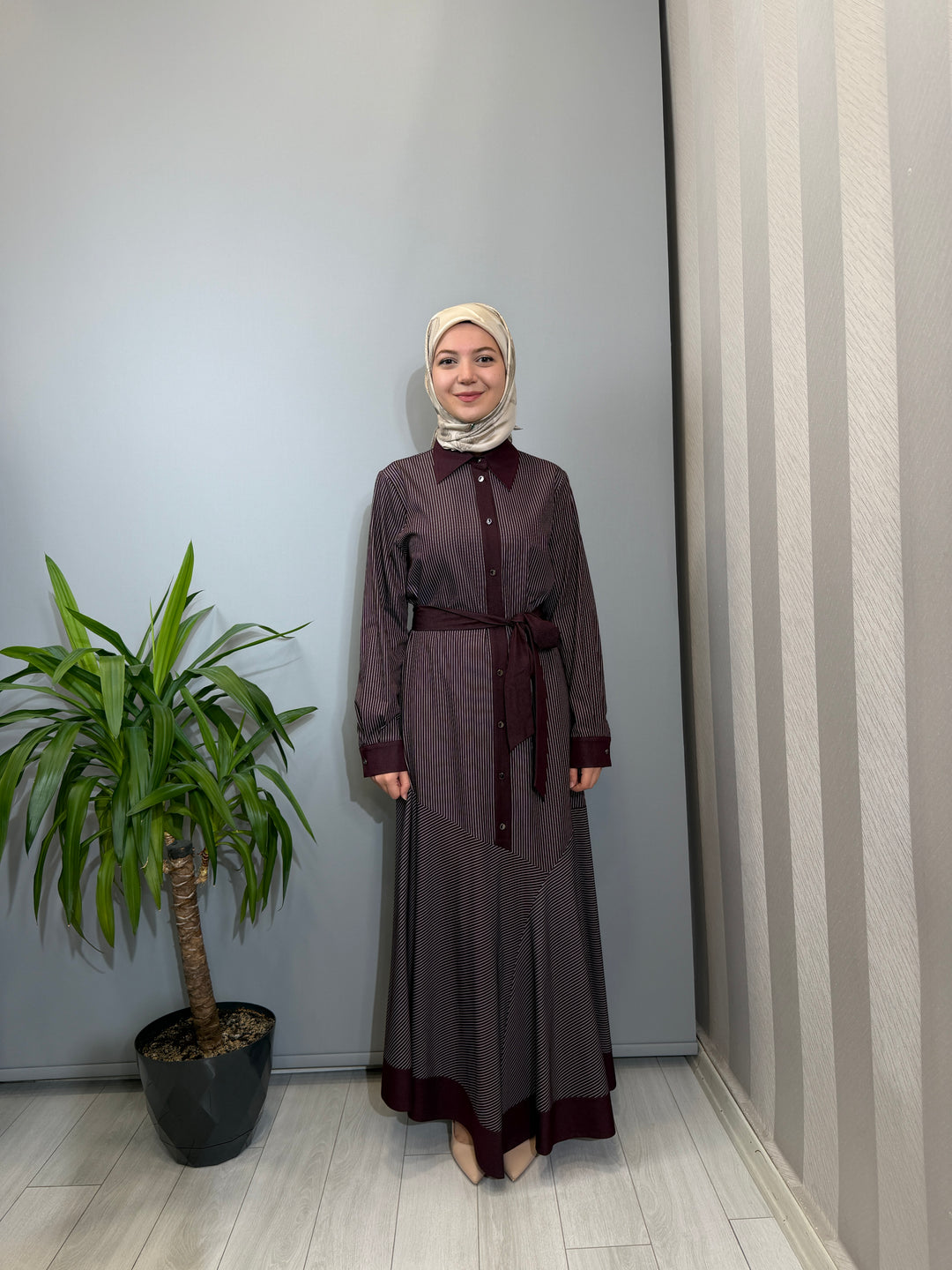 Clande Çizgili Mürdüm Elbise 2602-5027