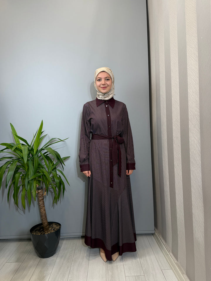 Clande Çizgili Mürdüm Elbise 2602-5027