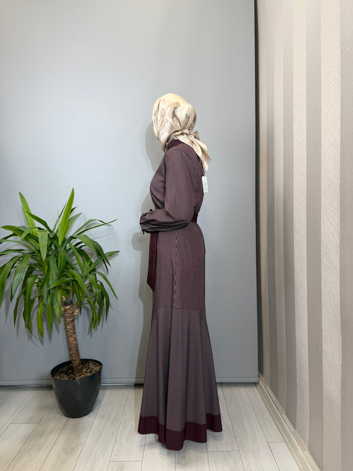 Clande Çizgili Mürdüm Elbise 2602-5027