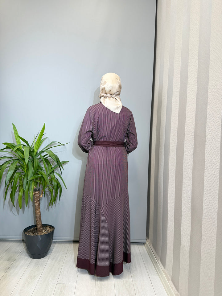 Clande Çizgili Mürdüm Elbise 2602-5027