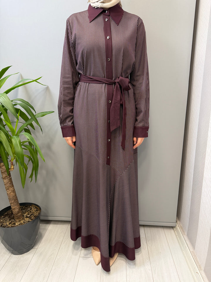 Clande Çizgili Mürdüm Elbise 2602-5027