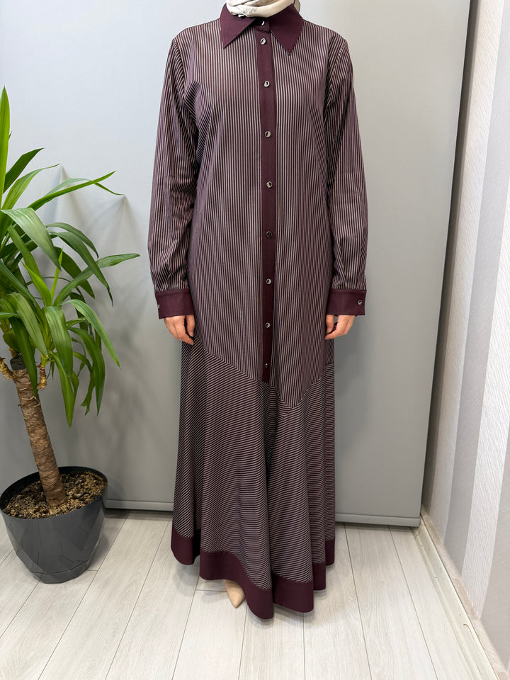 Clande Çizgili Mürdüm Elbise 2602-5027