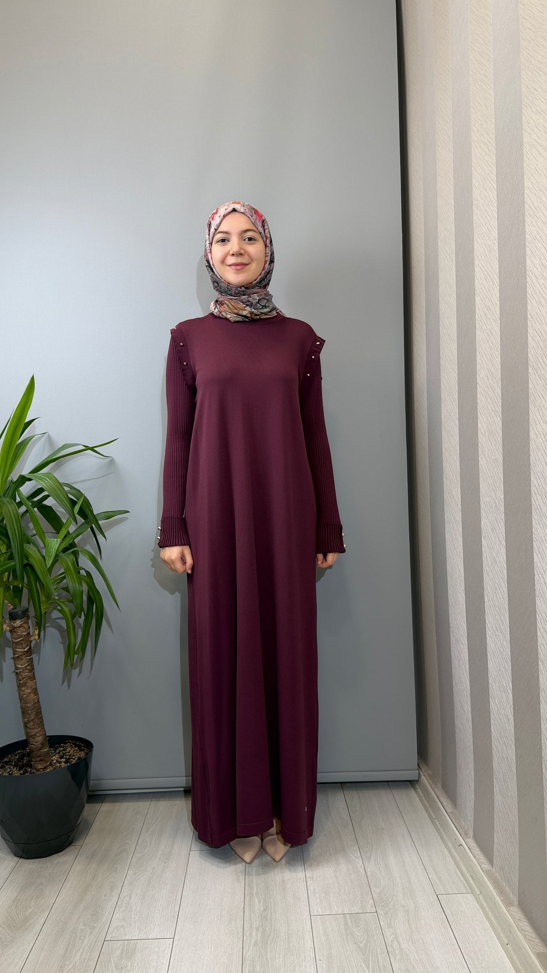 Valin Triko Taş Detaylı Fitilli Triko Elbise 163014 - Bordo 