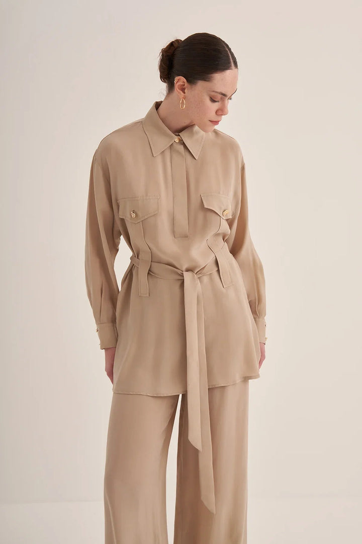 Clande Kuşaklı Cepli Cupro Tunik 2501-3015 - Bej - Görsel 4