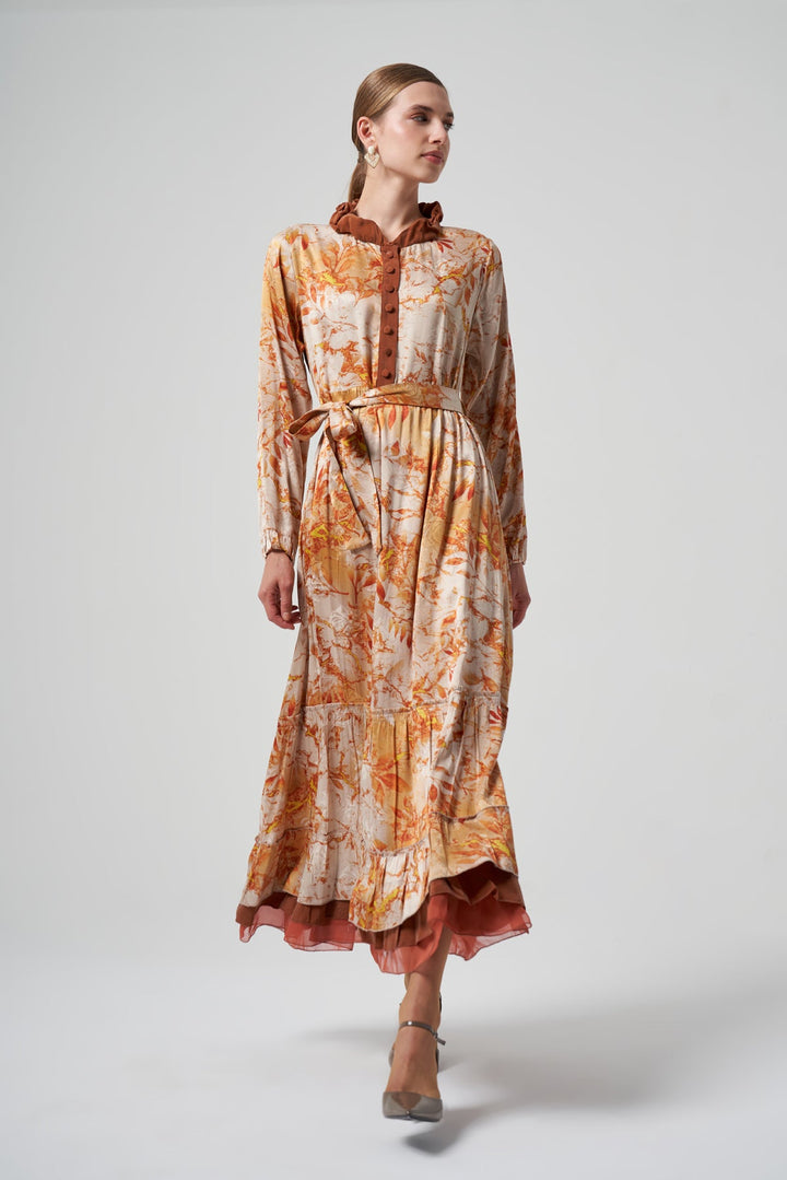 Misswhence Desenli Cupro Elbise 35846 - Oranj - Görsel 1 