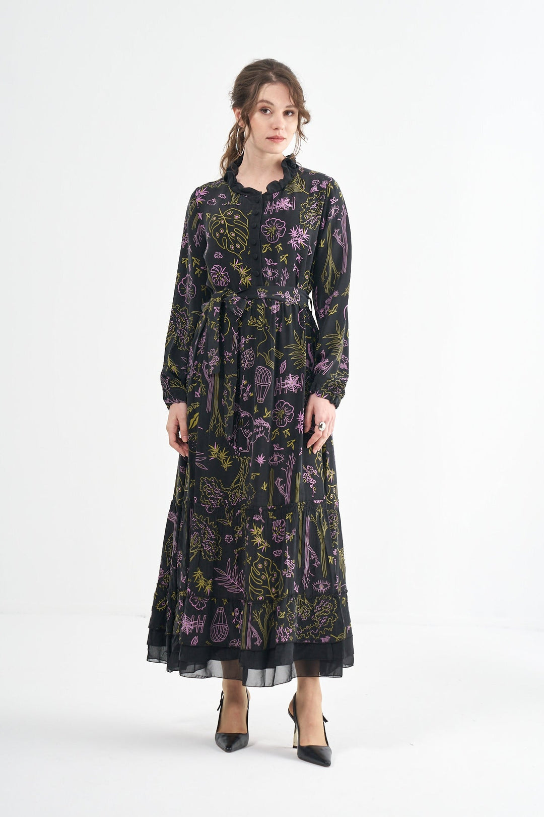 Misswhence Desenli Cupro Elbise 35846 - Siyah - Görsel 1 #renk_siyah