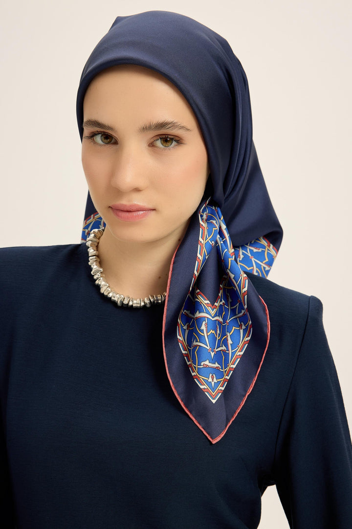 AHENK TİVİL İPEK EŞARP 90*90 CM - Koyu Mavi 