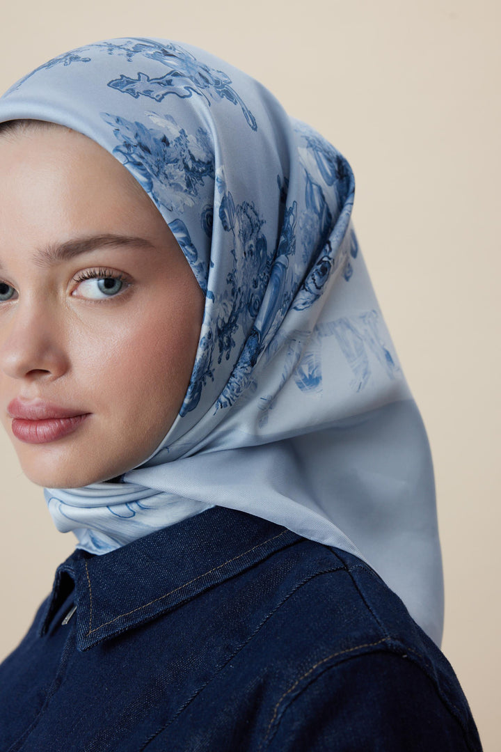 AHU TİVİL İPEK EŞARP 90*90 CM - MAVİ - Görsel 1