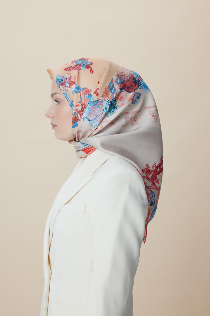AHU TİVİL İPEK EŞARP 90*90 CM - MERCAN - Görsel 2
