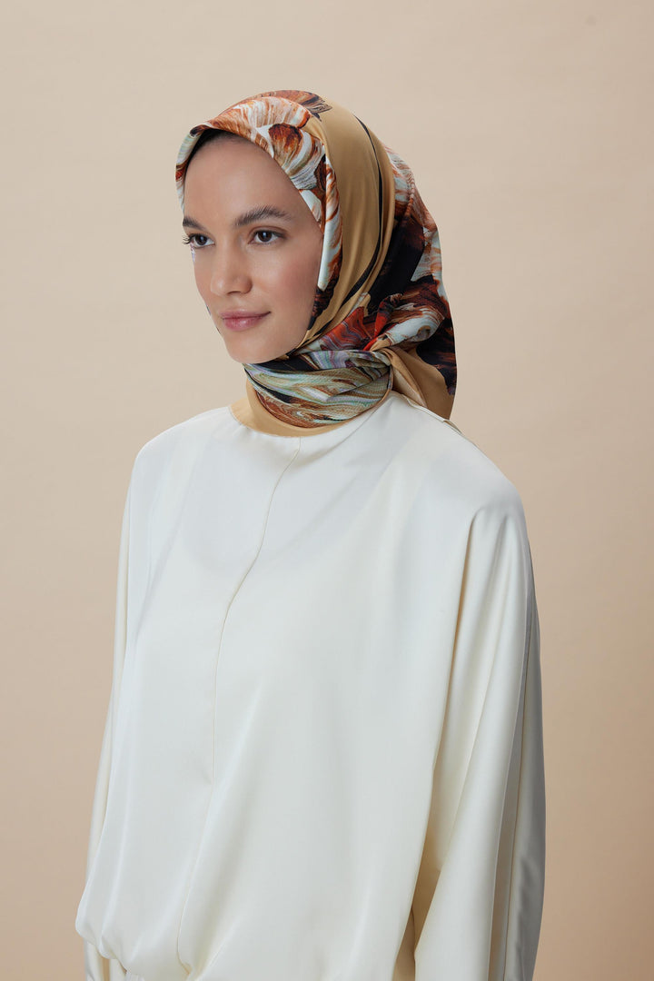 AKVA TİVİL İPEK EŞARP 90*90 CM - CAMEL - Görsel 3