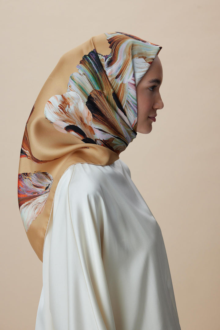 AKVA TİVİL İPEK EŞARP 90*90 CM - CAMEL - Görsel 5