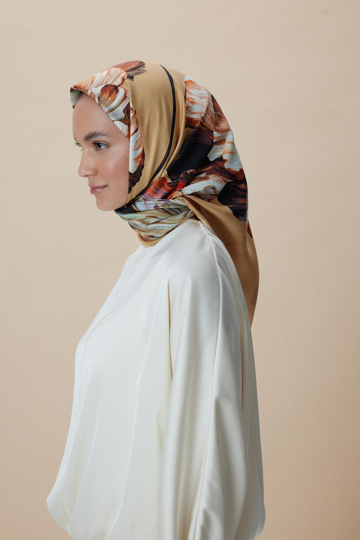 AKVA TİVİL İPEK EŞARP 90*90 CM - CAMEL - Görsel 4