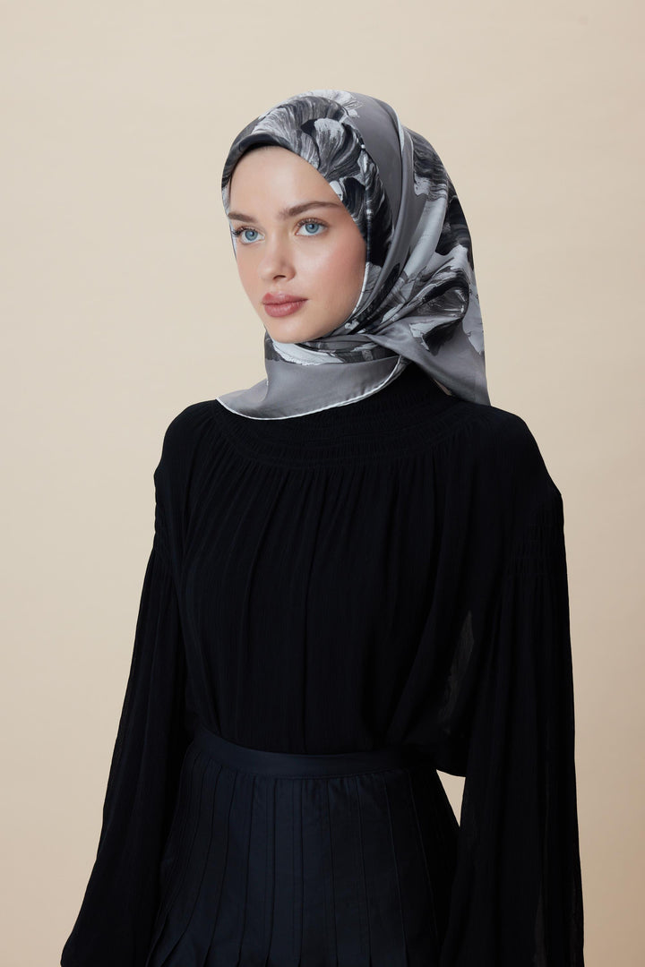 AKVA TİVİL İPEK EŞARP 90*90 CM - GRİ - Görsel 8