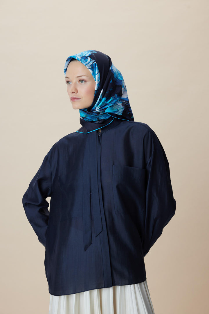 AKVA TİVİL İPEK EŞARP 90*90 CM - LACİVERT - Görsel 3