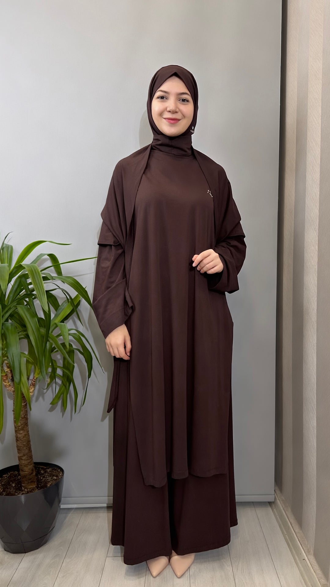 Almarwah Pelerin Detaylı Tunik Pantolon Takım ALL-3012 - Kahverengi - Görsel 1 