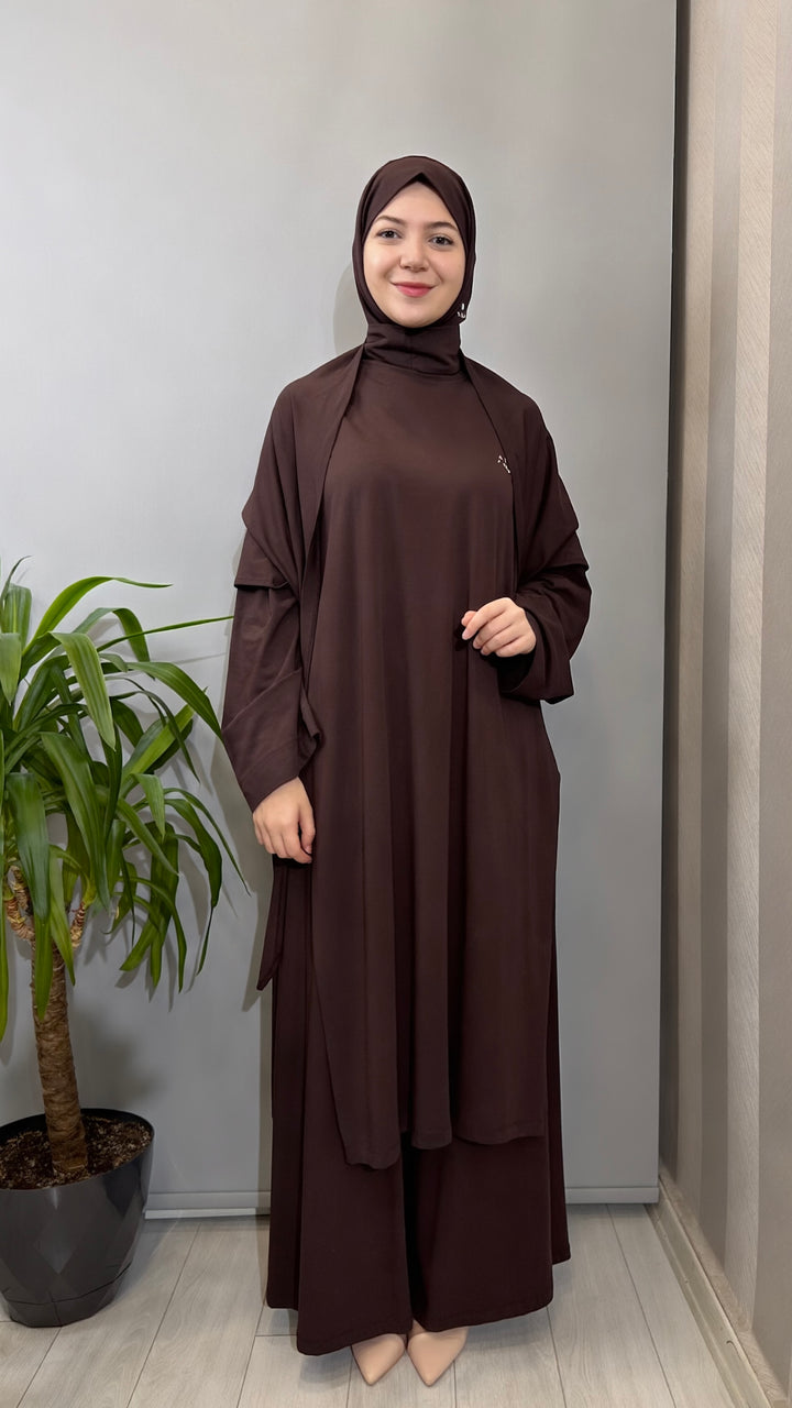Almarwah Pelerin Detaylı Tunik Pantolon Takım ALL-3012 - Kahverengi - Görsel 1 