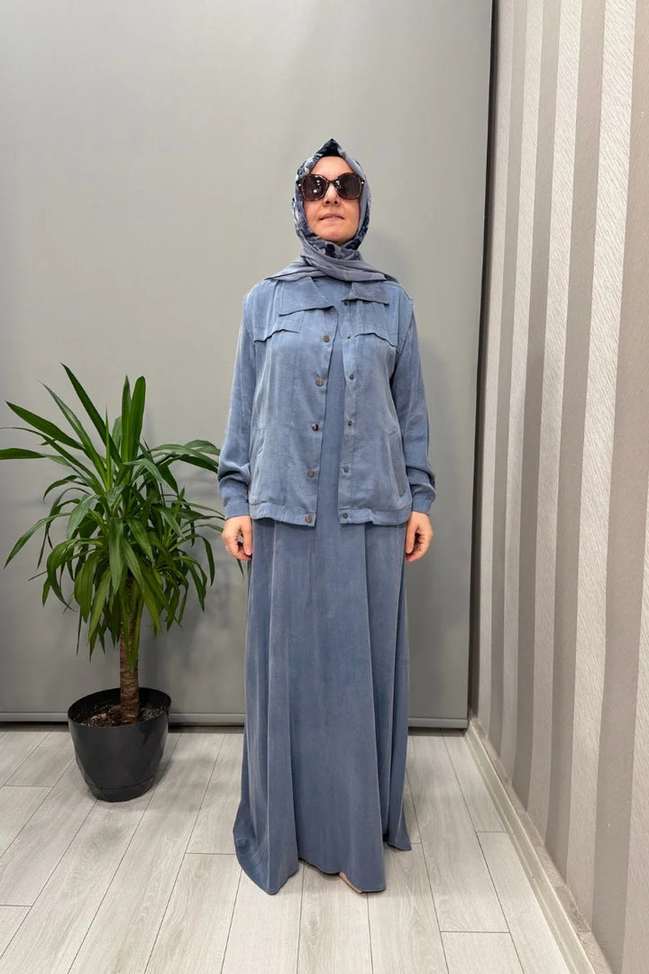 Almarwah Yelekli Cupra İpek Elbise 202781 - Mavi - Görsel 1 