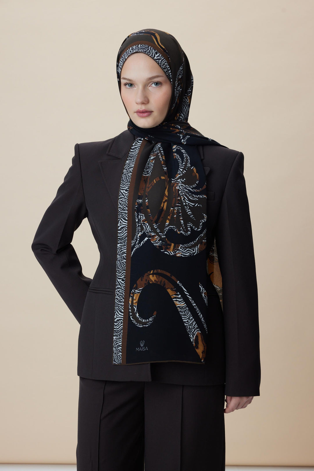 Maisa AYÇIL KREP İPEK ŞAL 70*190 CM - KOYU KAHVERENGİ