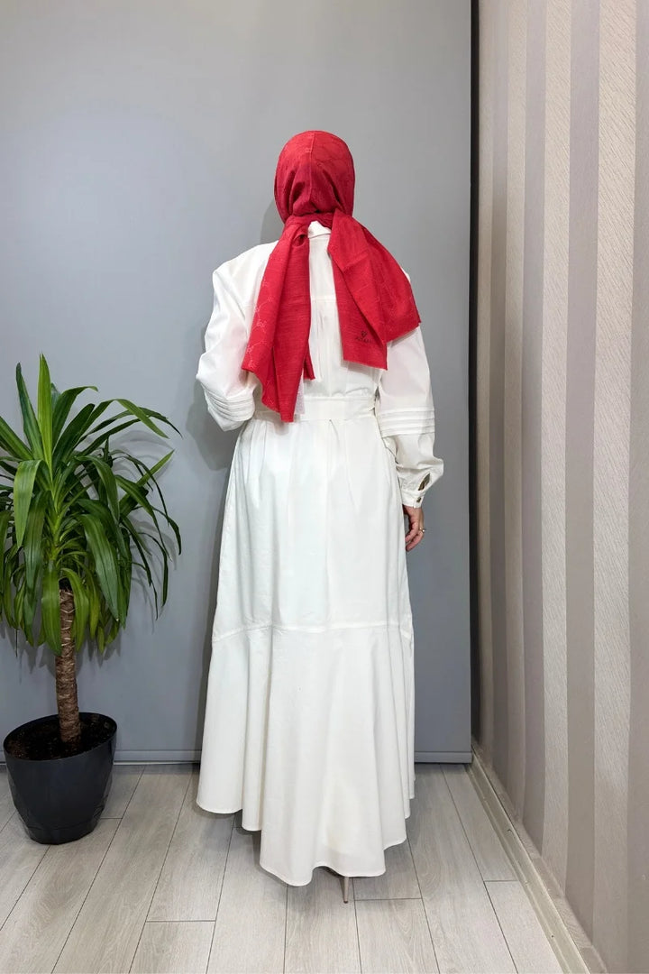 Clande Biye ve Volan Detaylı Elbise Ekru 2601- 5023